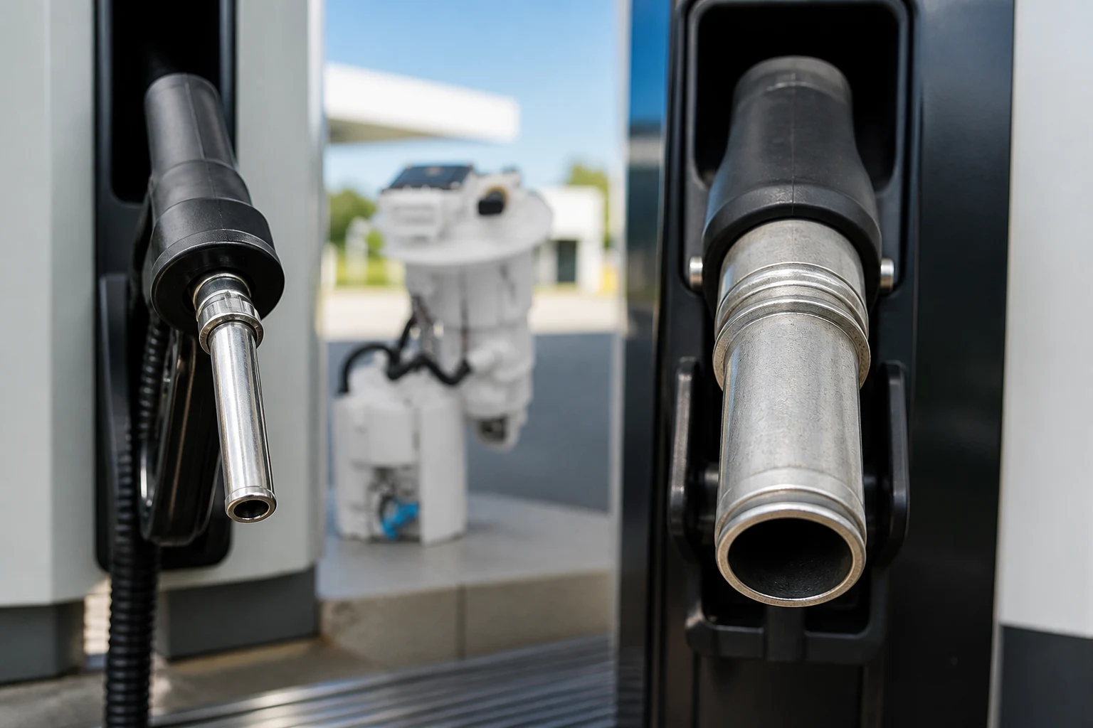 Auto-island diesel nozzle versus larger truck high-flow diesel nozzle at contrasting fuel lanes