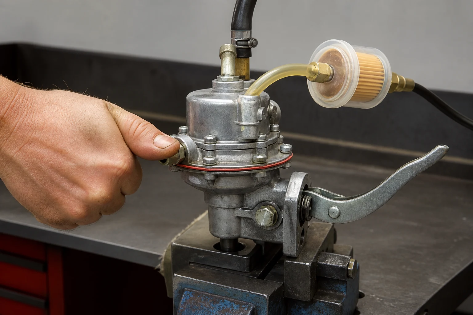 How To Test a Vacuum Fuel Pump: Troubleshooting Guide for Fleet and Parts Buyers Mechanical fuel pump clamped for bench hand-crank pulse test