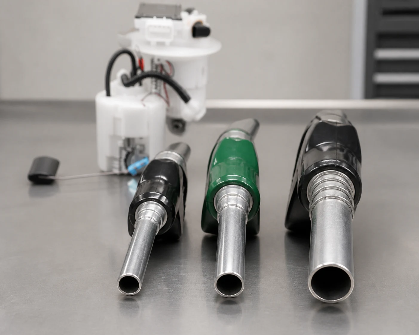 Three fuel dispenser nozzle spout tips showing gasoline, auto diesel, and high-flow size classes