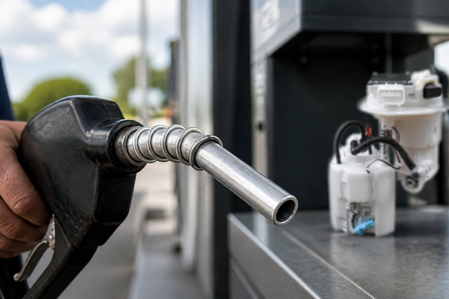 Diesel fuel pump nozzle size selection at a fuel dispenser island with spout tip in focus