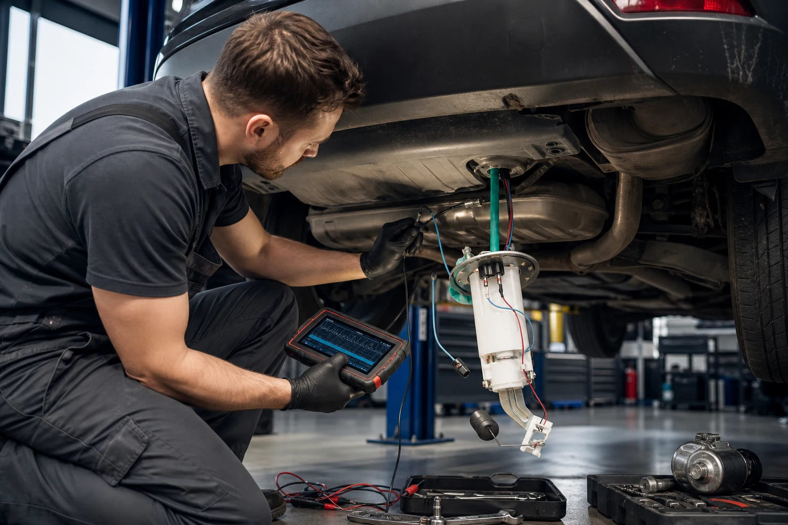 What Are the Symptoms of a Bad Fuel Pump: Troubleshooting Guide for Fleet Buyers Technician reviewing symptoms of a bad fuel pump at a service bay