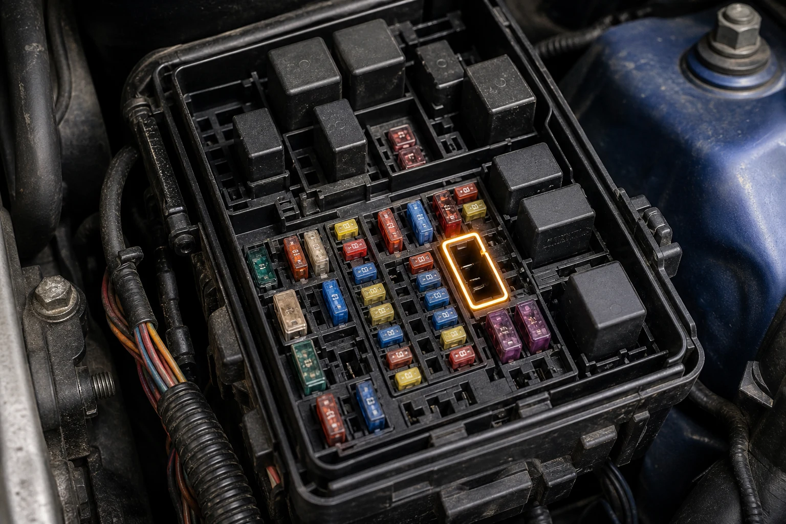 How To Test a Fuel Pump Fuse: Troubleshooting Guide for Service Counters Under-hood fuse box location map highlighting the fuel pump fuse cavity