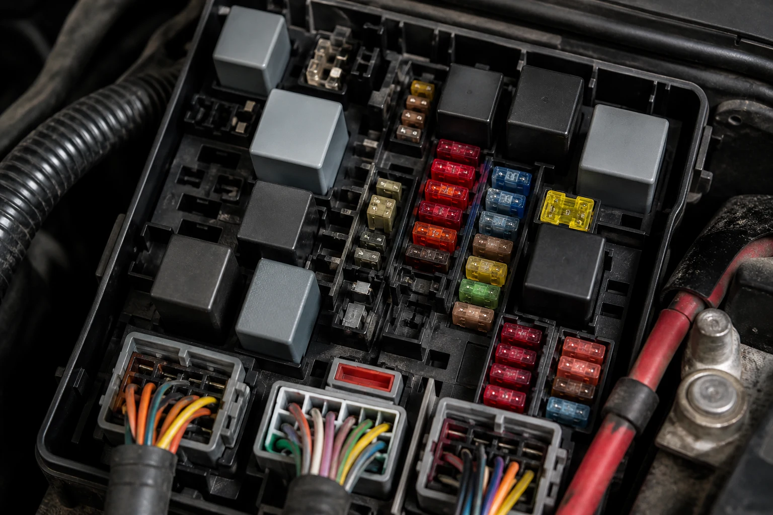 Technician inspecting fuel pump fuse and relay for heat damage