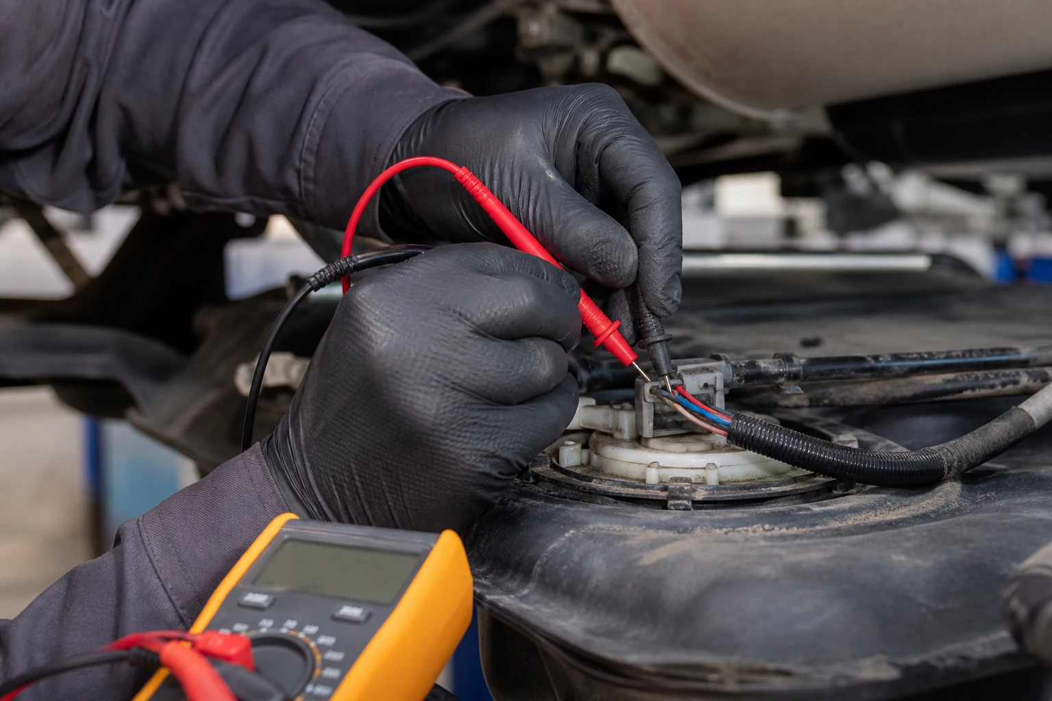 How To Test a Vacuum Fuel Pump: Troubleshooting Guide for Fleet and Parts Buyers Multimeter back-probing fuel pump connector for voltage test