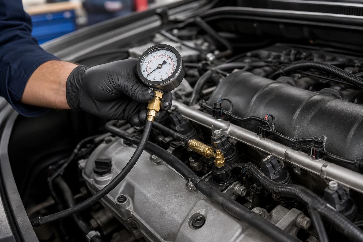 Technician connecting fuel rail pressure gauge on EFI engine