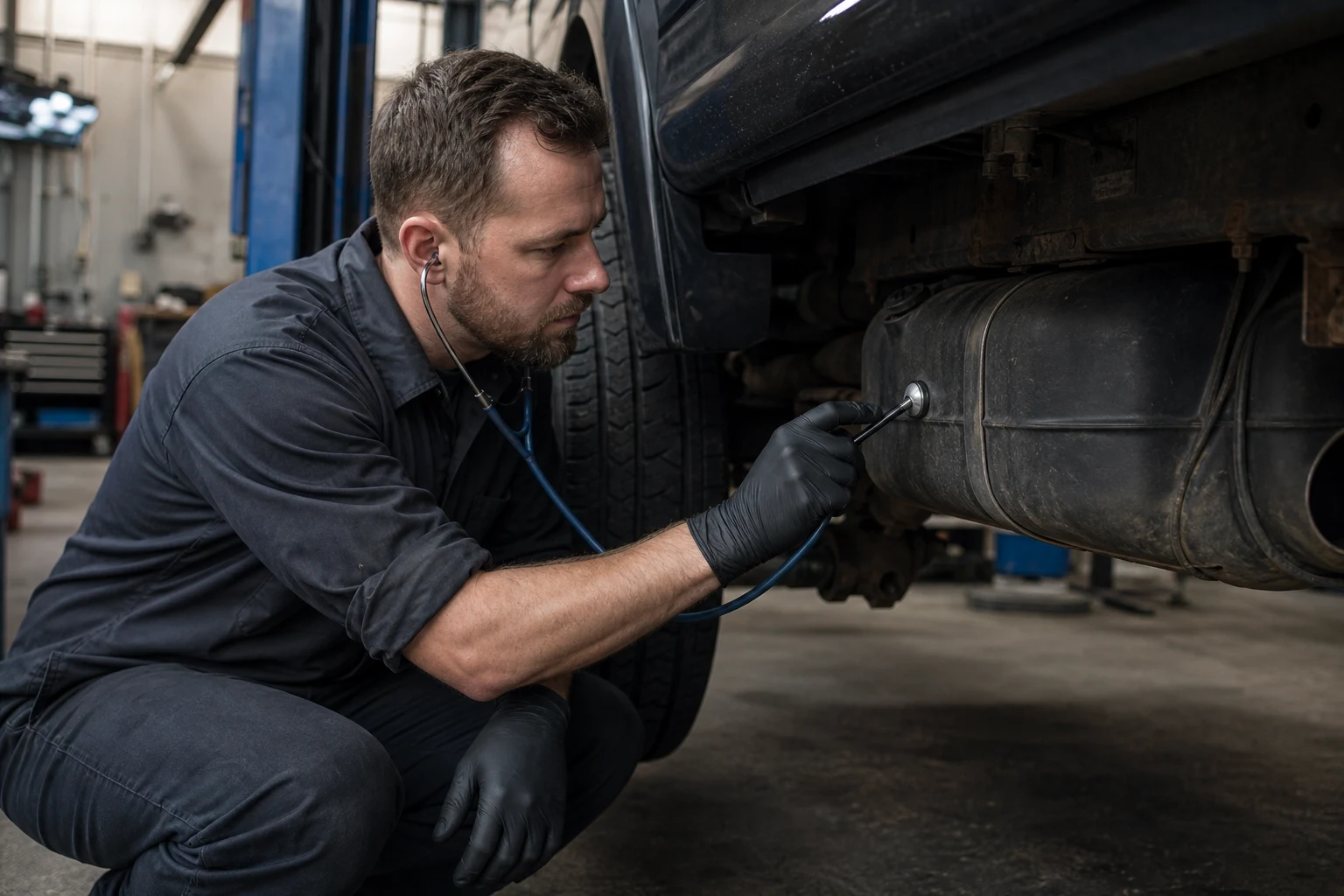 Mechanic diagnosing fuel pump whine with stethoscope near the fuel tank