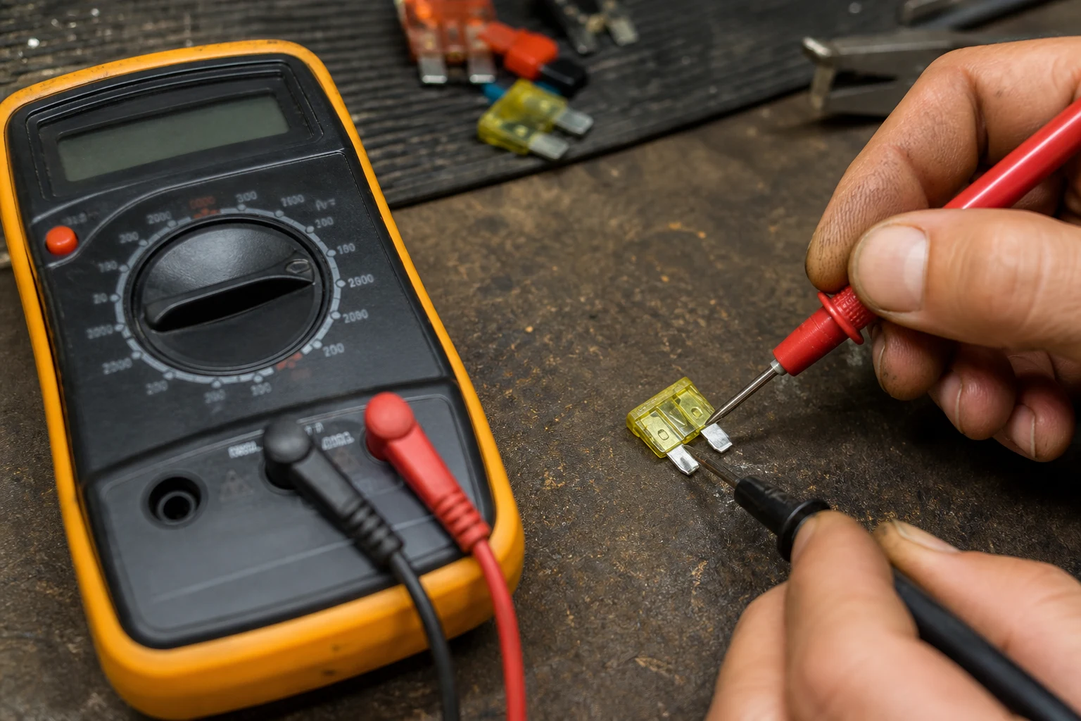 How To Test a Fuel Pump Fuse: Troubleshooting Guide for Service Counters Digital multimeter continuity test on a pulled automotive fuel pump fuse
