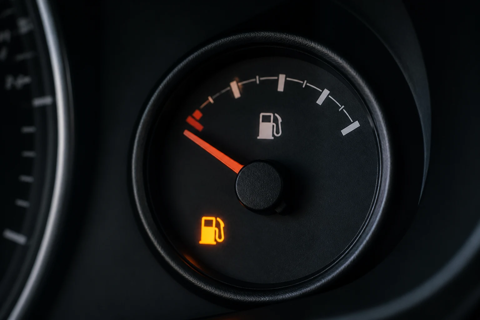 Fuel gauge showing low tank level with warning light illuminated