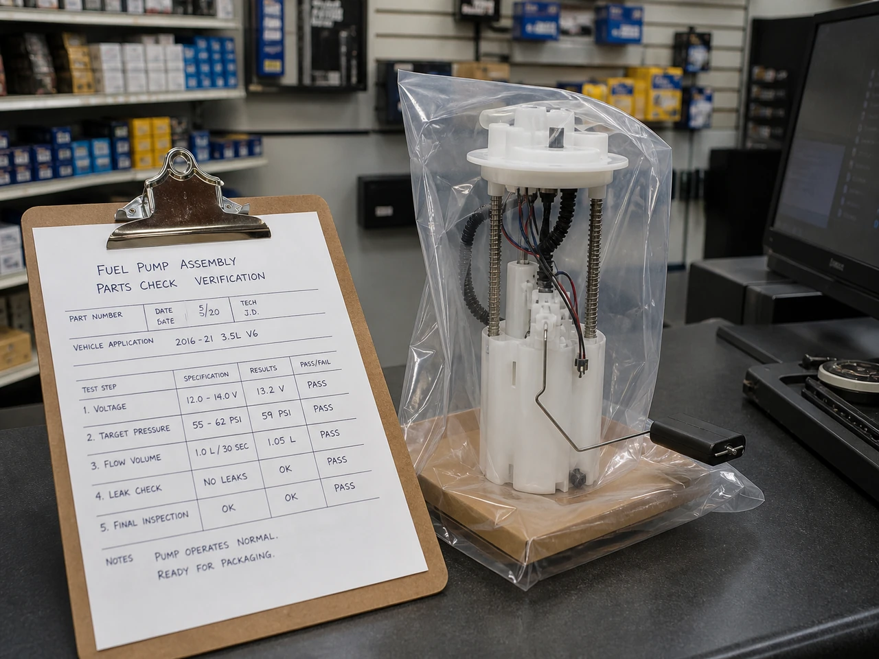 Parts counter checklist beside a fuel pump assembly