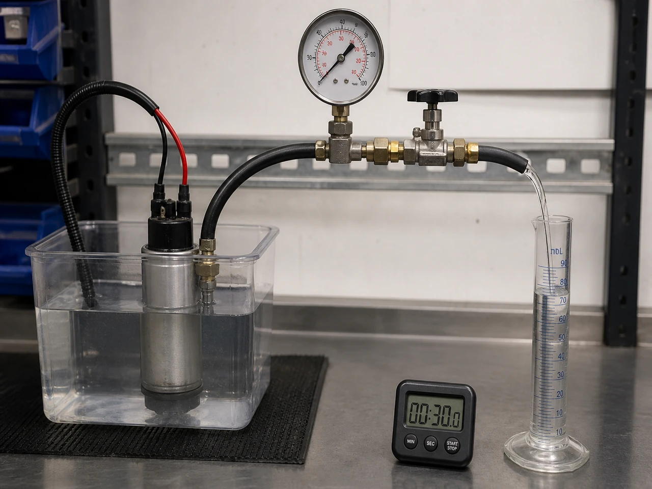 Pressure and volume bench setup for a used fuel pump