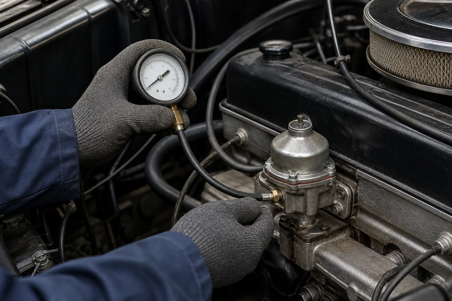 How To Test a Vacuum Fuel Pump: Troubleshooting Guide for Fleet and Parts Buyers Fuel pressure gauge tee installed before the carburetor fuel inlet