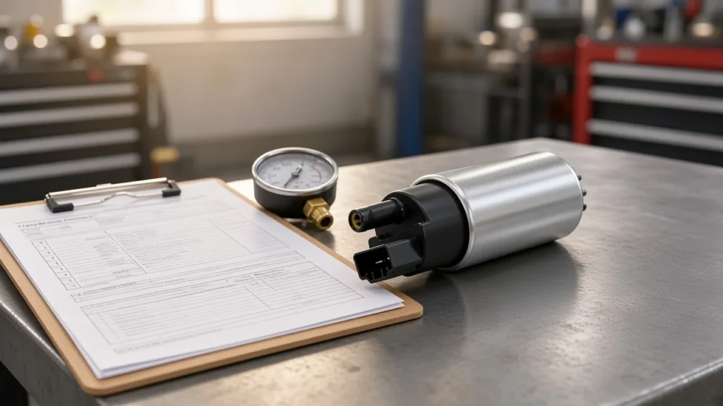 Aftermarket inline fuel pump selection on a workshop bench