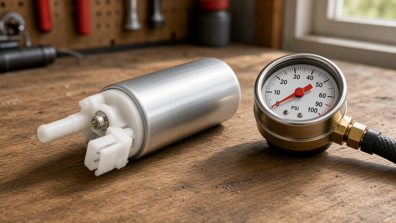 Fuel pressure gauge beside an electric fuel pump during pressure-class checks