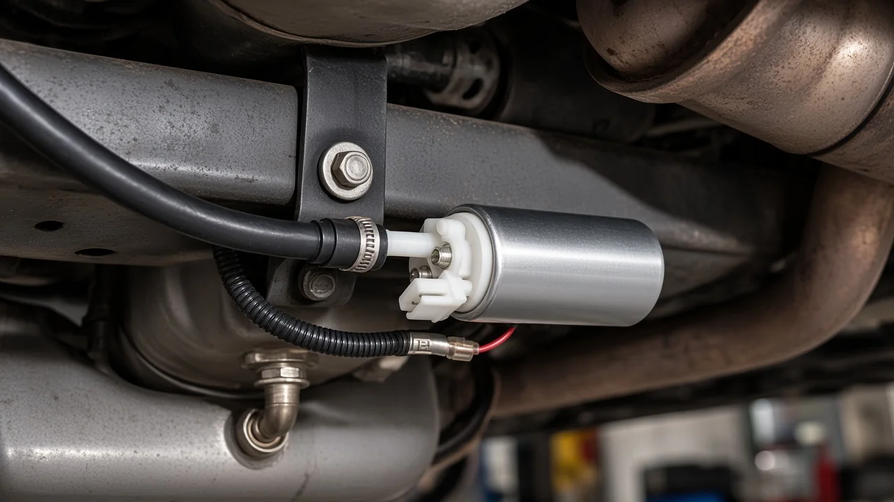 Electric fuel pump mounted low near a tank outlet on a frame rail