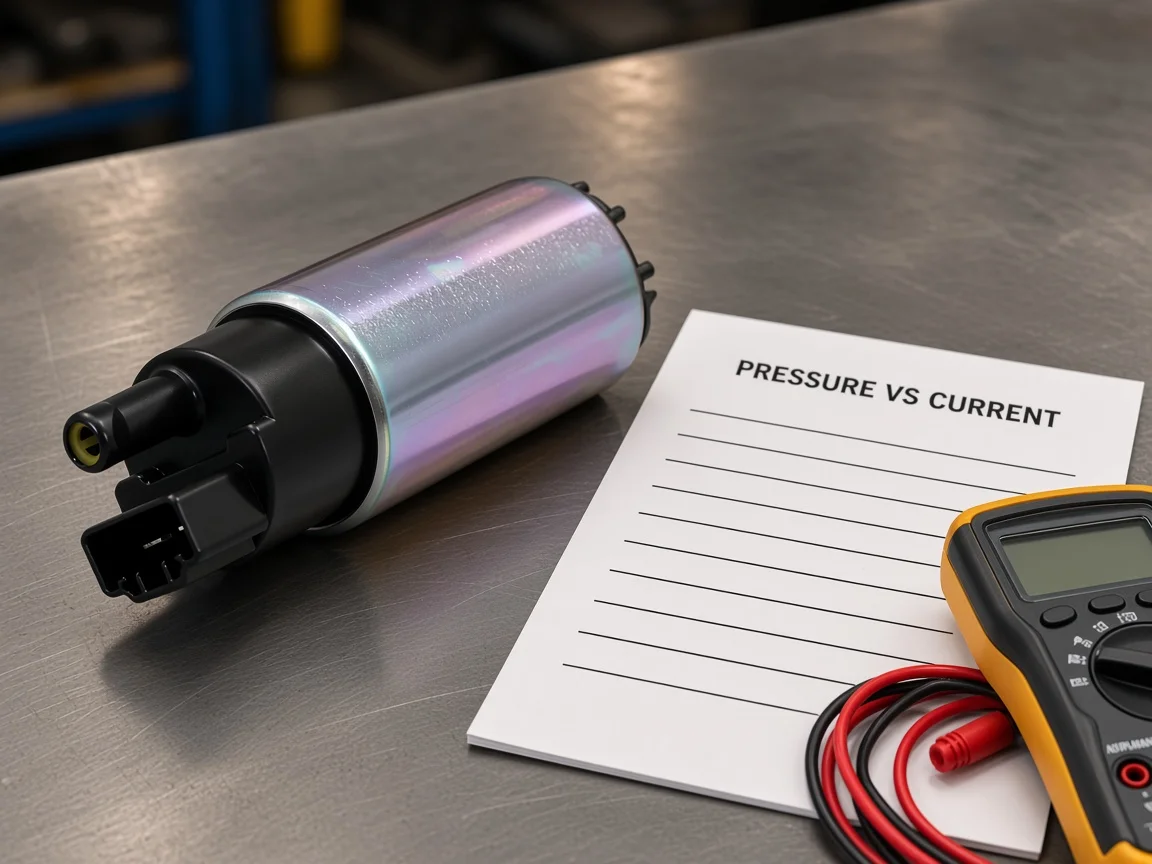 Electric fuel pump with multimeter for comparing typical amp-draw bands