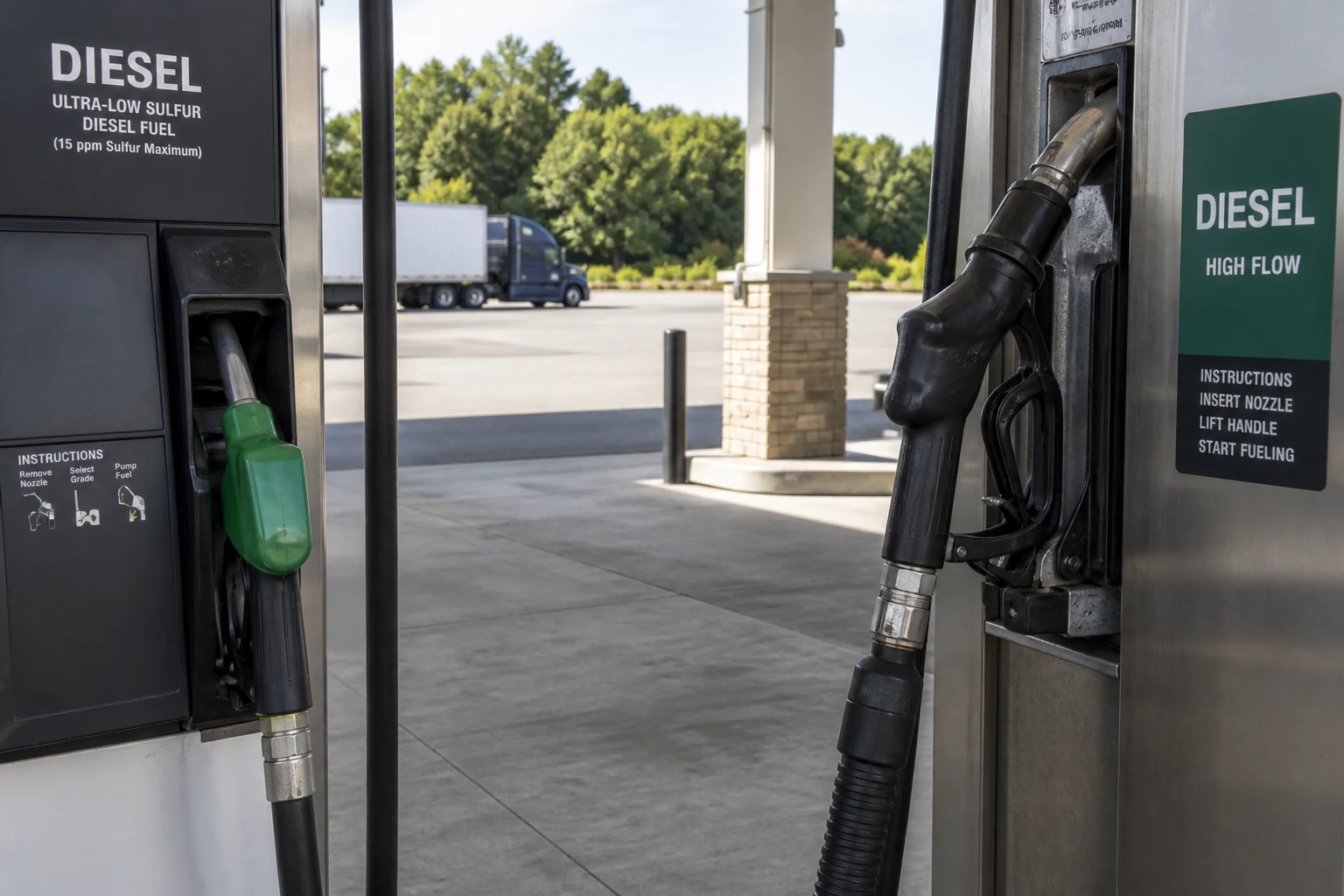 Auto-island diesel nozzle versus larger truck high-flow diesel nozzle at contrasting fuel lanes