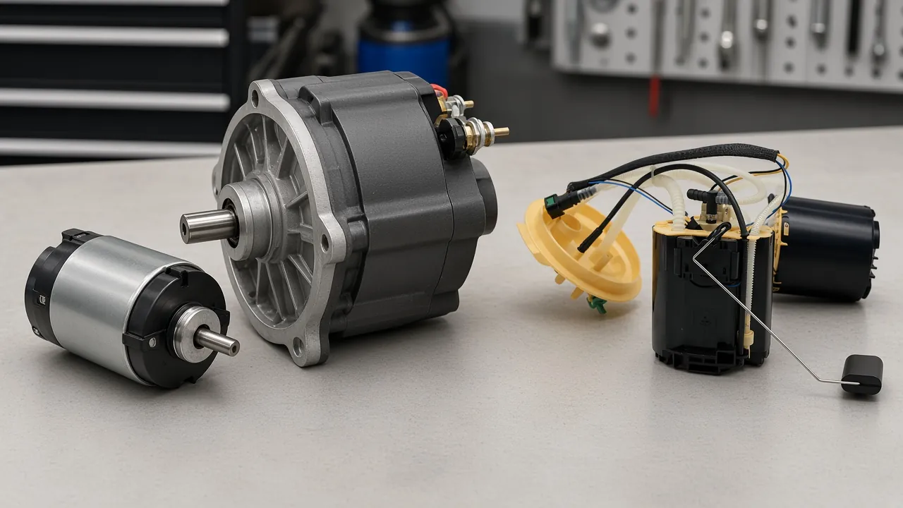 Two different motor housings on a bench beside a diesel fuel pump assembly