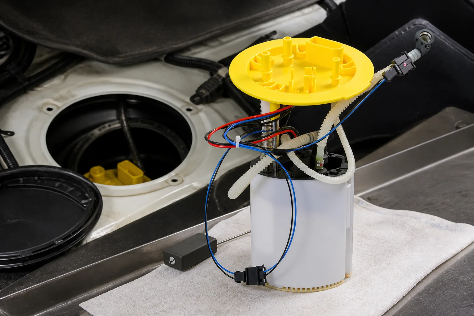 In-tank fuel pump assembly in a service access context