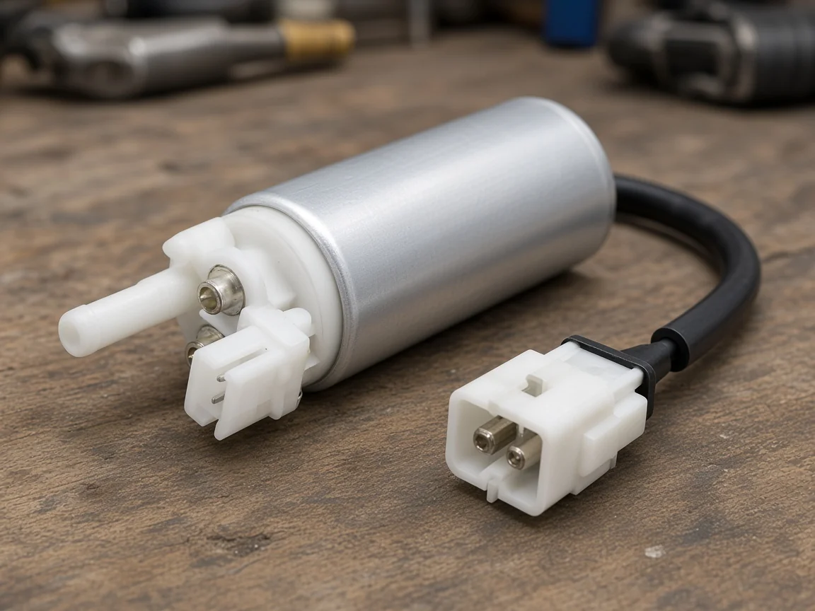 Two-pin fuel pump connector and harness beside an electric pump