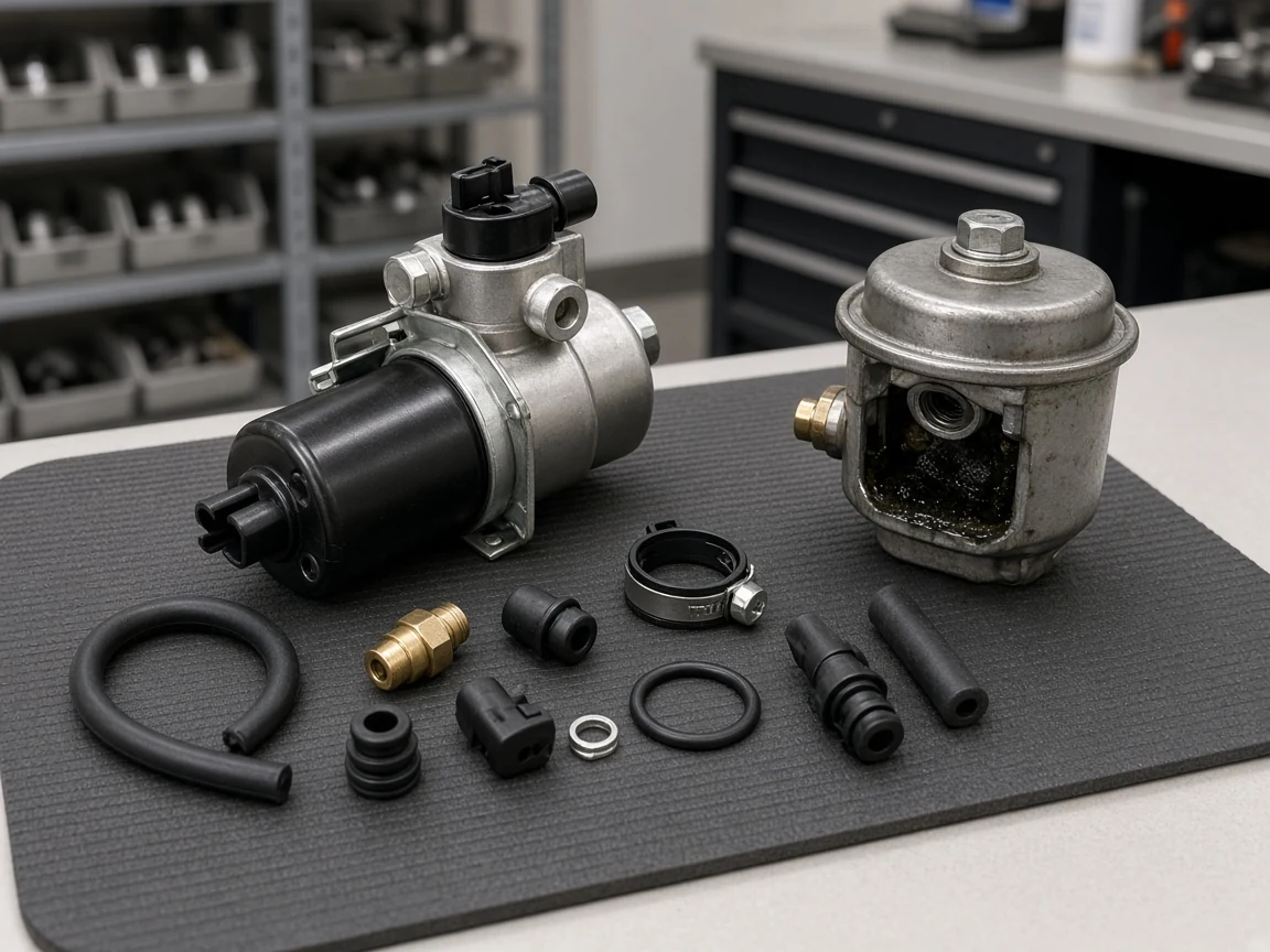 What Causes High Pressure Fuel Pump Failure? Contamination, Lubricity, Starvation Electric fuel pump kit beside a filter housing, suggesting contamination and filtration checks