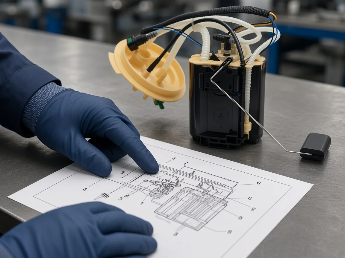 Technician reading numbered diesel fuel-system flow callouts
