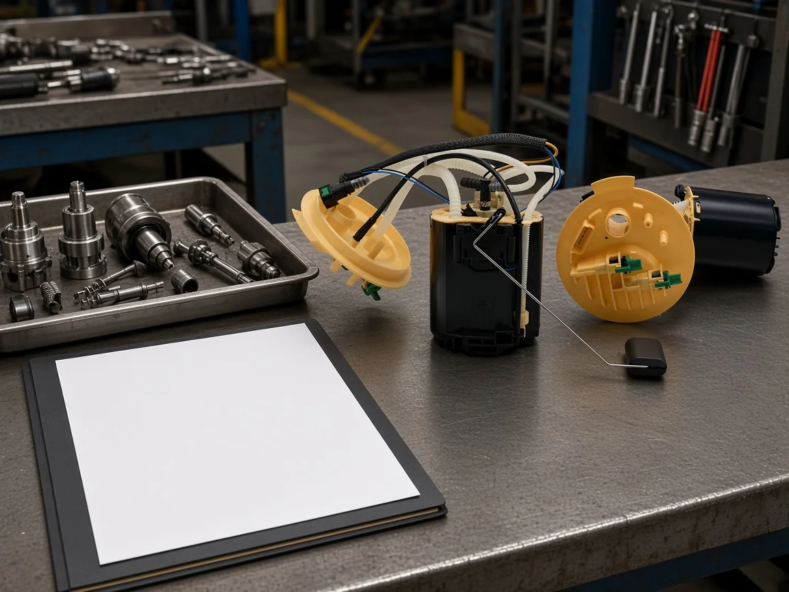 Exploded pump parts with blank folder caution against inventing OEM plates