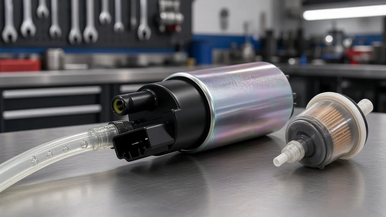 Diesel Fuel Pump Failure Causes on the Supply Side Electric fuel pump with air bubbles in the supply hose next to a fuel filter