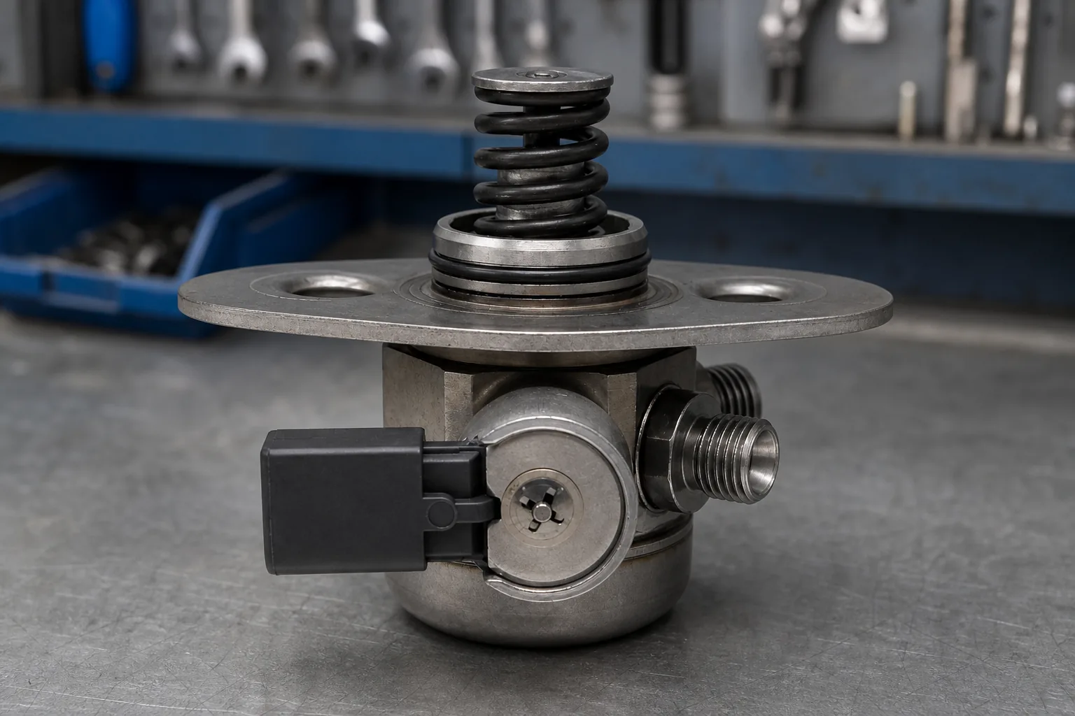 How Does a High Pressure Diesel Fuel Pump Work? Common-Rail Stage Explained High pressure fuel pump ports and mounting face on a service bench