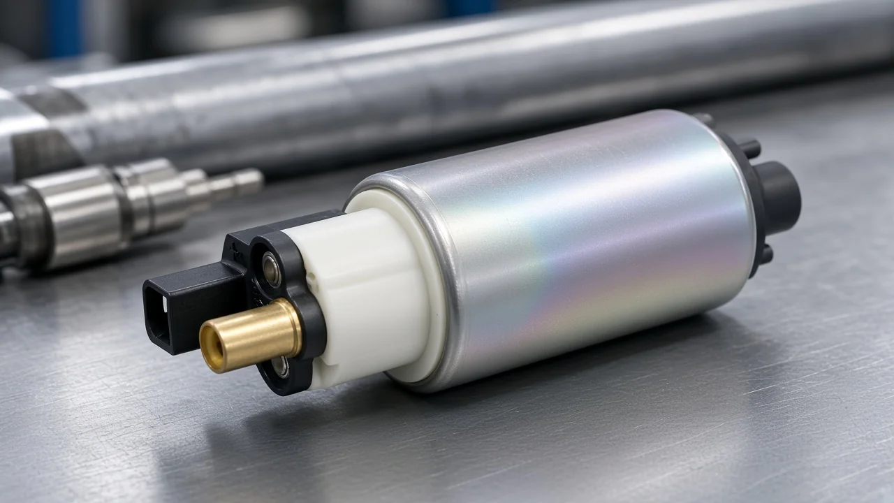 High-pressure diesel fuel pump housing with rail and injector context on a service bench