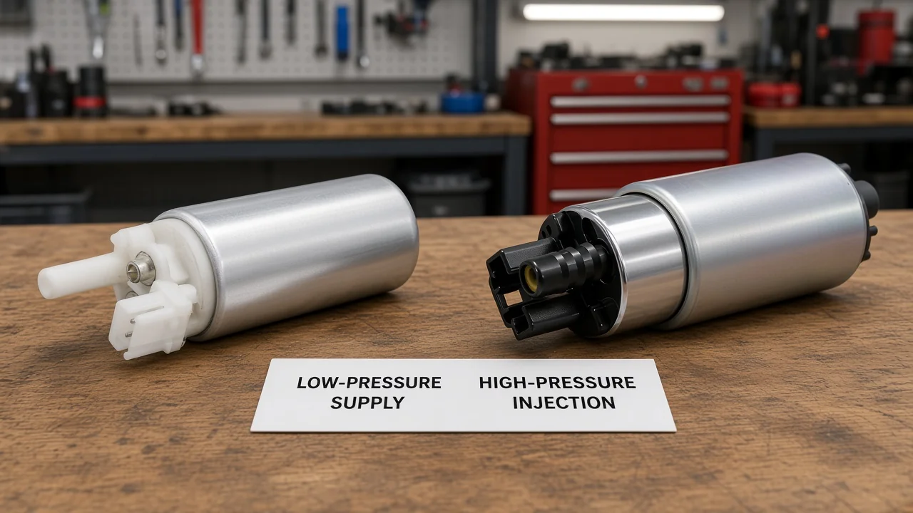 Low-pressure supply pump beside a high-pressure injection pump on a shop bench