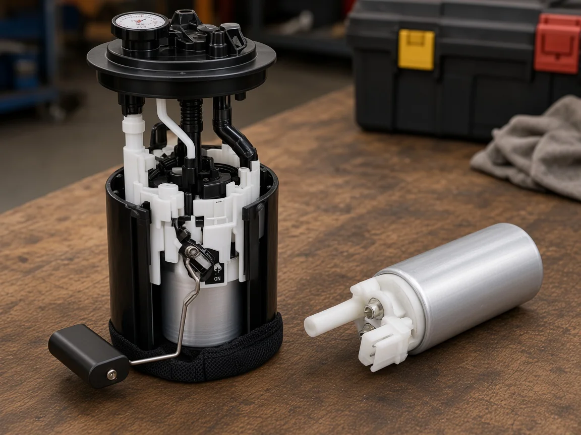 In-tank fuel pump module assembly beside a bare pump motor