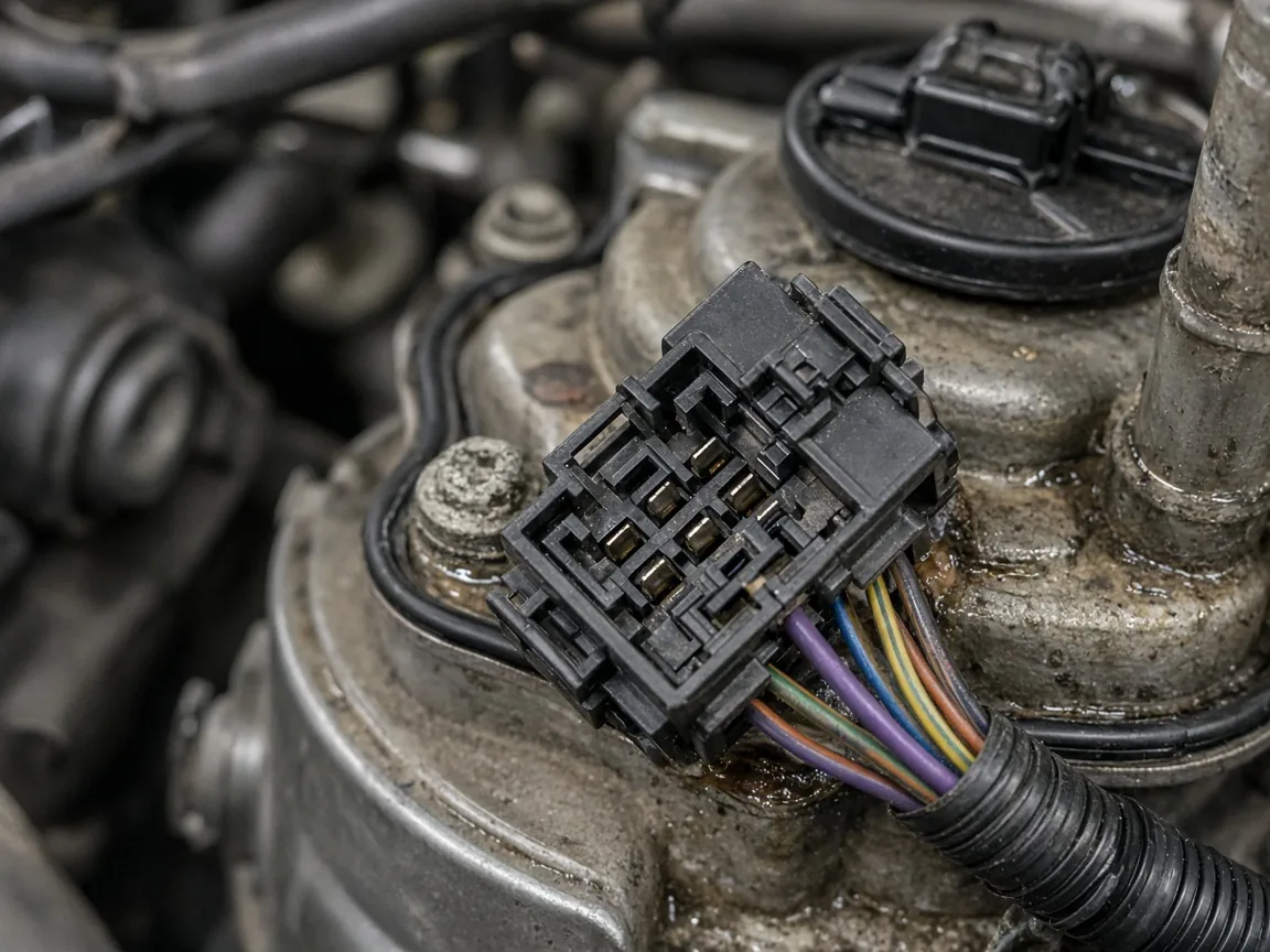 Close-up of a multi-pin automotive harness connector used on fuel pump control circuits