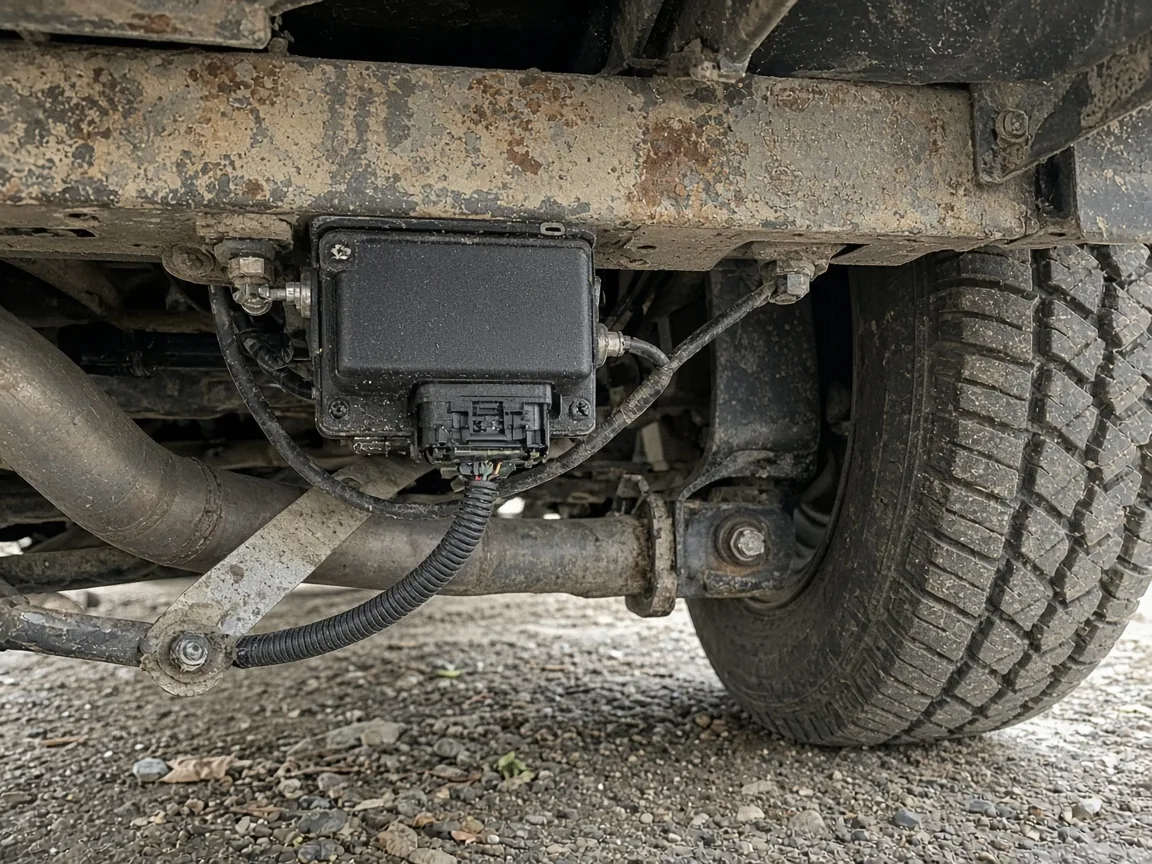 Fuel pump control module mounted on a light-truck rear frame near the spare-tire area