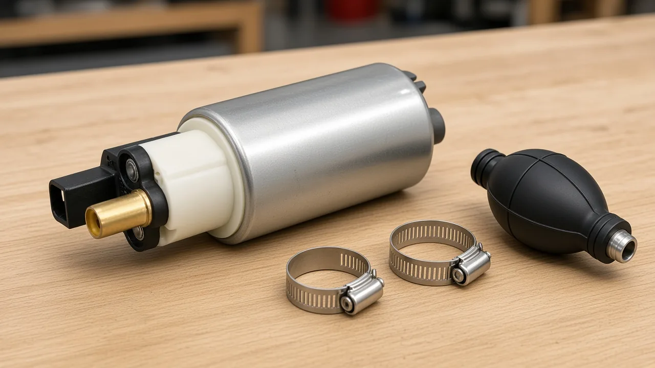 Diesel Fuel Pump Failure Causes on the Supply Side Fuel pump kit laid out with clamps and a primer bulb before installation