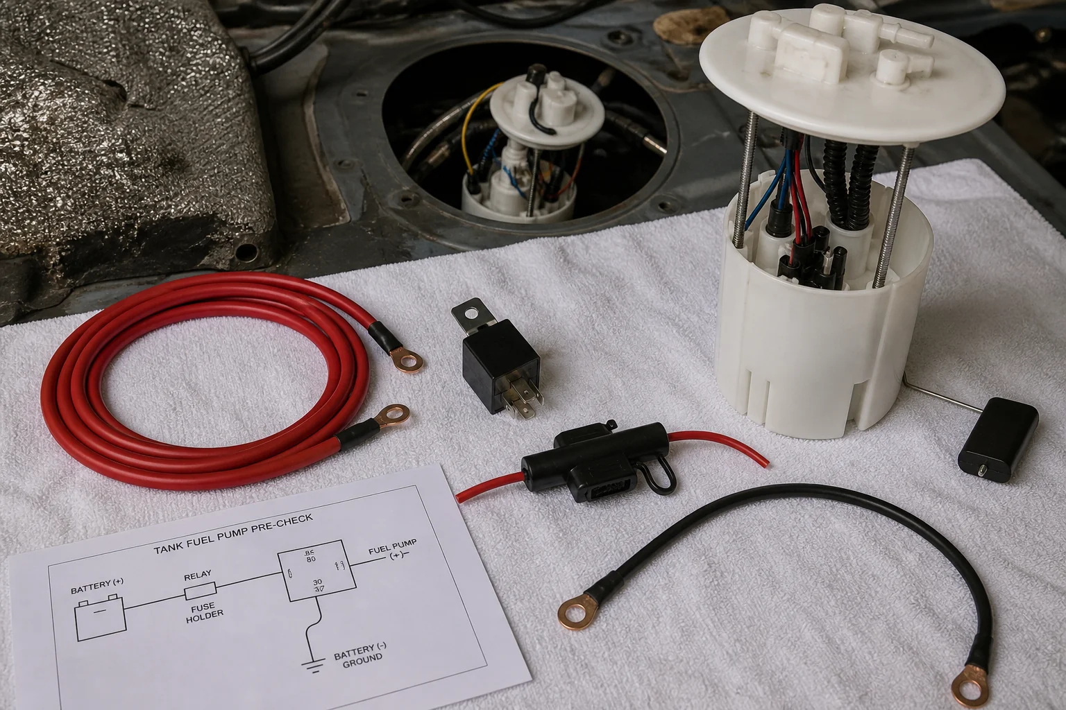 Fuel pump relay, fuse, and battery-direct ground layout for in-tank install