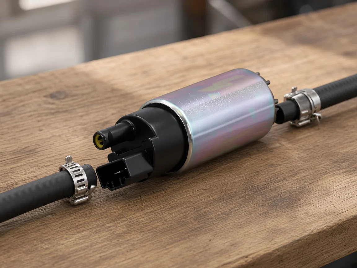 Electric fuel pump kit with fuel-line segments on a service bench