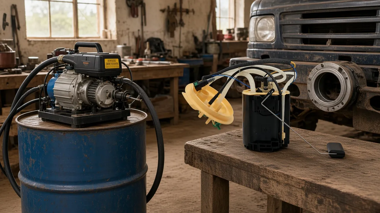 Portable diesel transfer pump on a drum beside a separate in-tank fuel pump assembly