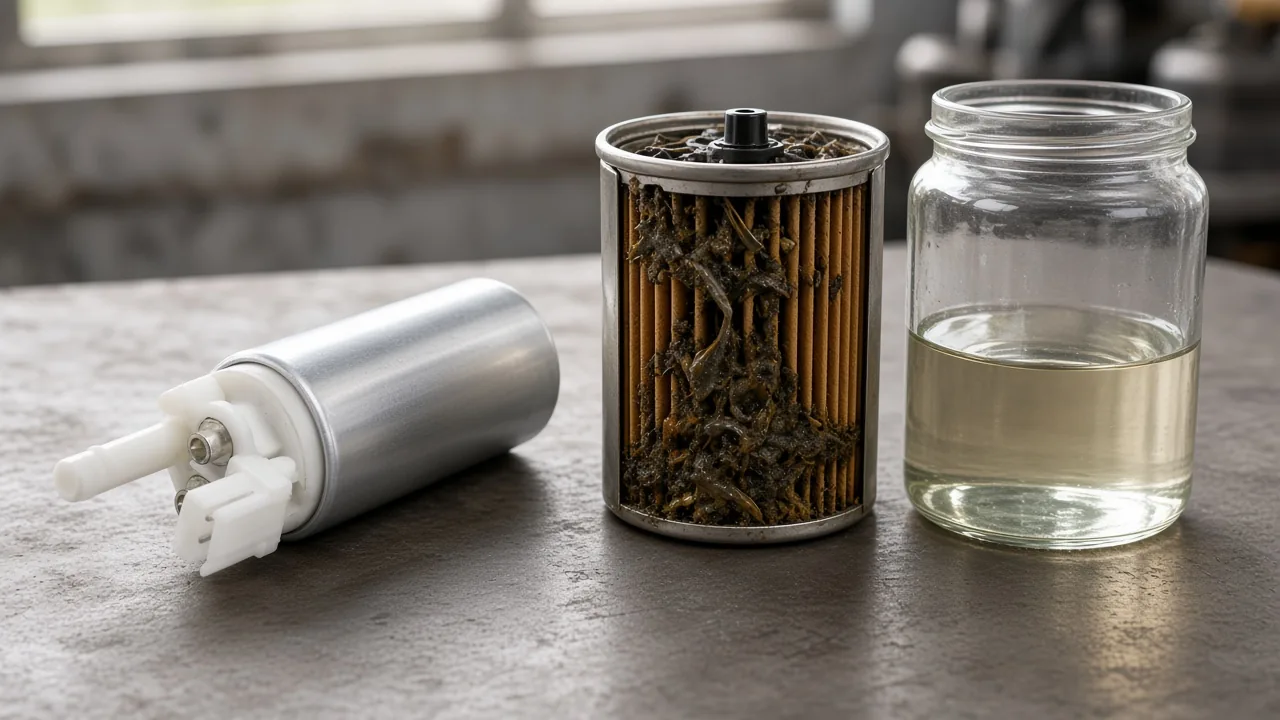 Diesel Fuel Pump Failure Causes on the Supply Side Electric fuel pump beside a dirty filter element and a jar of separated fuel and water