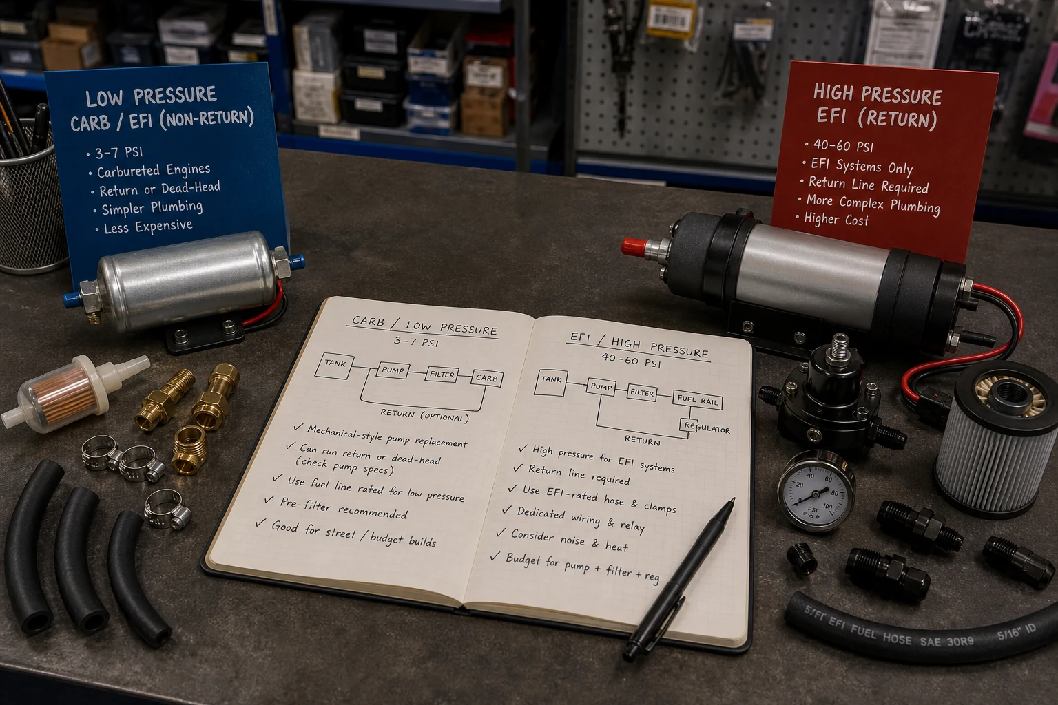 Carbureted versus EFI electric fuel pump pressure class comparison on a shop bench