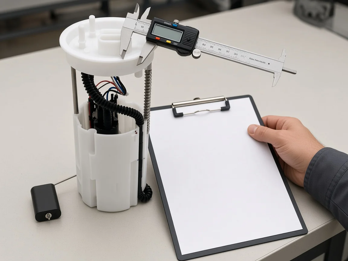 Parts-counter OE and connector checklist beside a fuel pump assembly