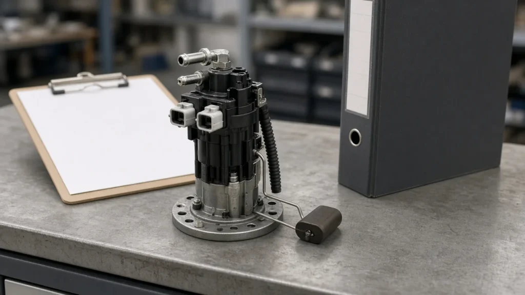 Passenger-car fuel pump assembly on a parts counter ready for OE matching