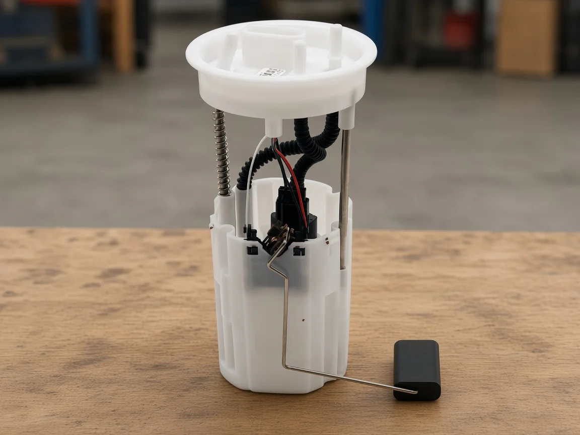 In-tank fuel pump module showing flange, connector area, and float arm