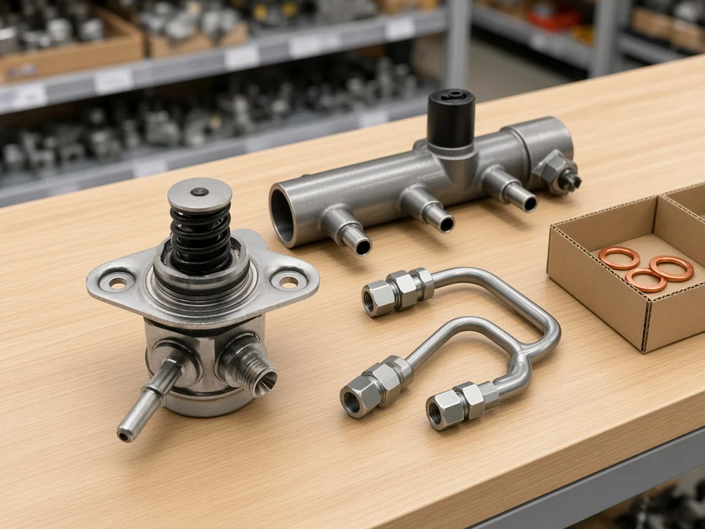 Common-rail high-pressure diesel pump with rail and high-pressure lines