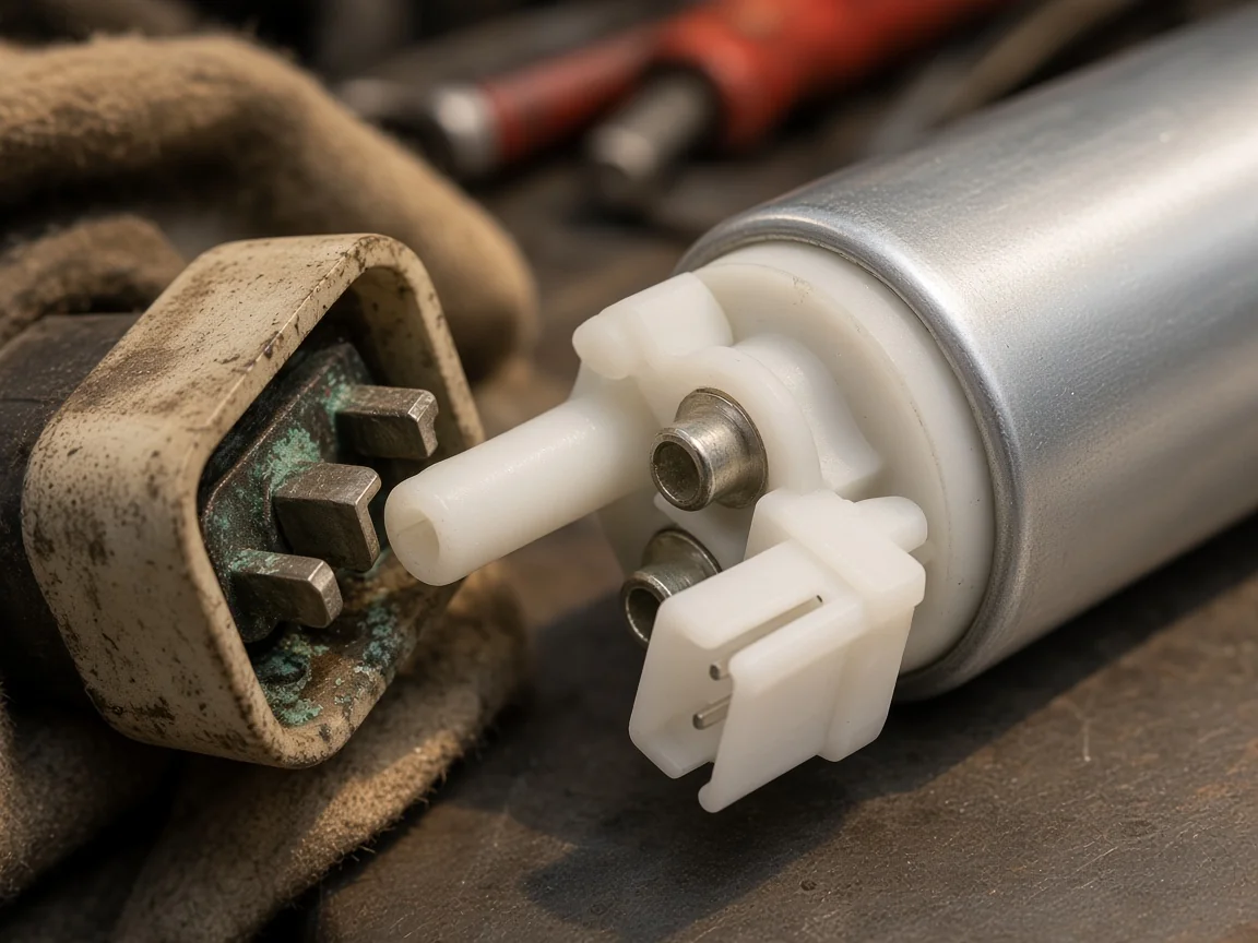 What Causes Low Voltage to a Fuel Pump: Circuit Drop, Ground, and Supply Path Causes Close-up of a weathered fuel pump electrical connector near an electric fuel pump