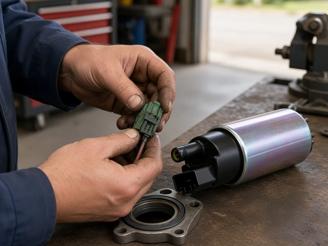 What Causes Car Fuel Pump to Fail? Technician checking a corroded fuel pump connector beside an electric fuel pump