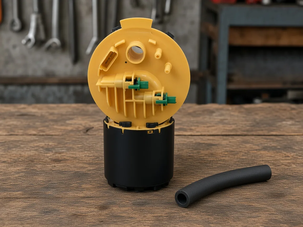 Diesel fuel pump assembly placed with a short hose to suggest the supply path