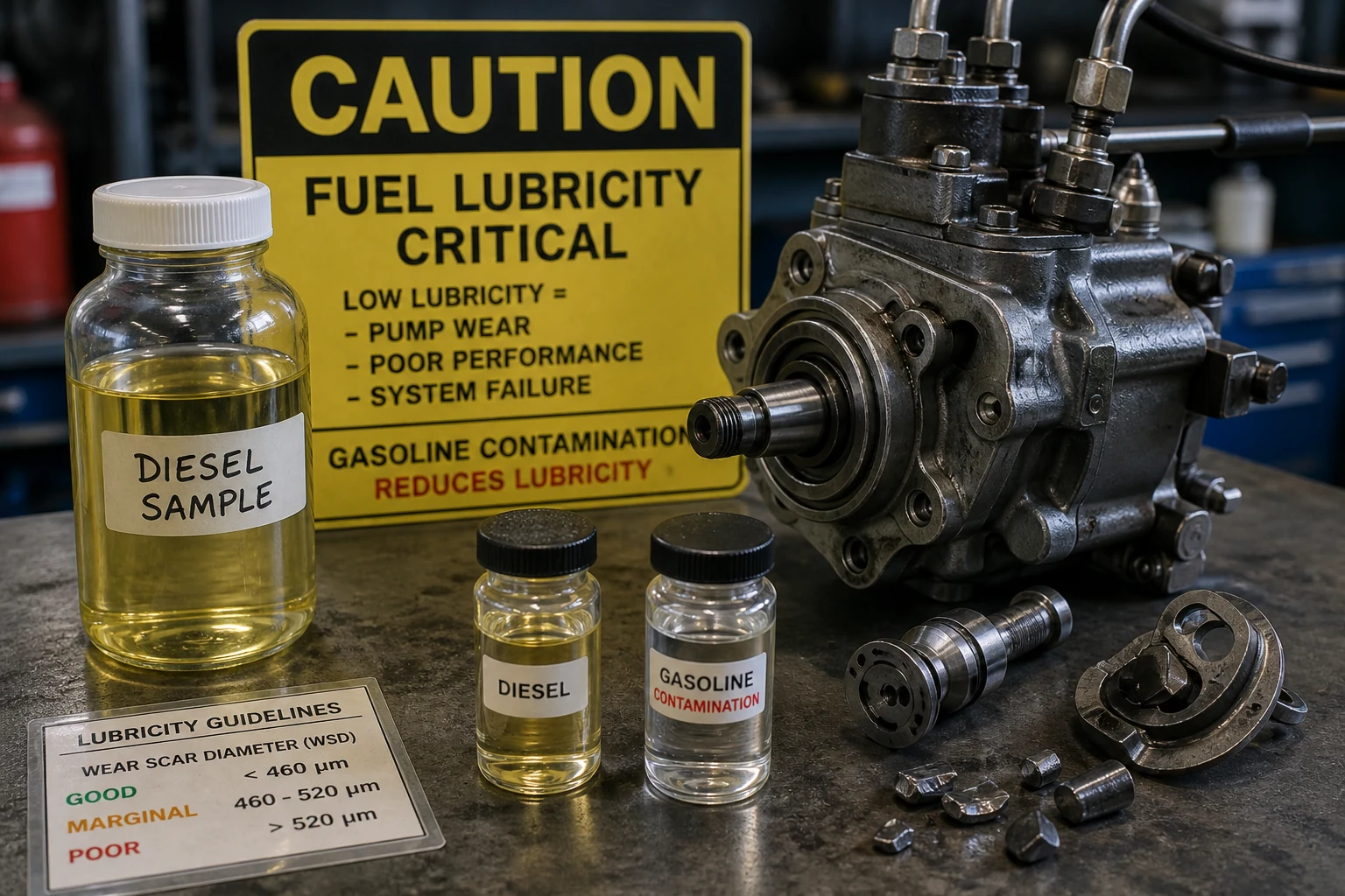 Fuel lubricity caution scene for diesel high-pressure pump protection versus gasoline contamination risk