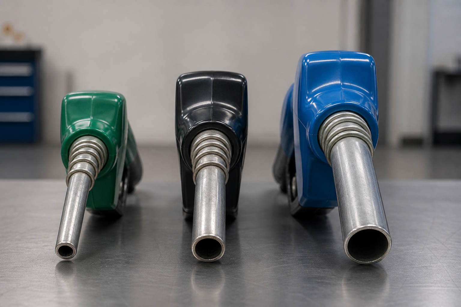 Three fuel dispenser nozzle spout tips showing gasoline, auto diesel, and high-flow size classes