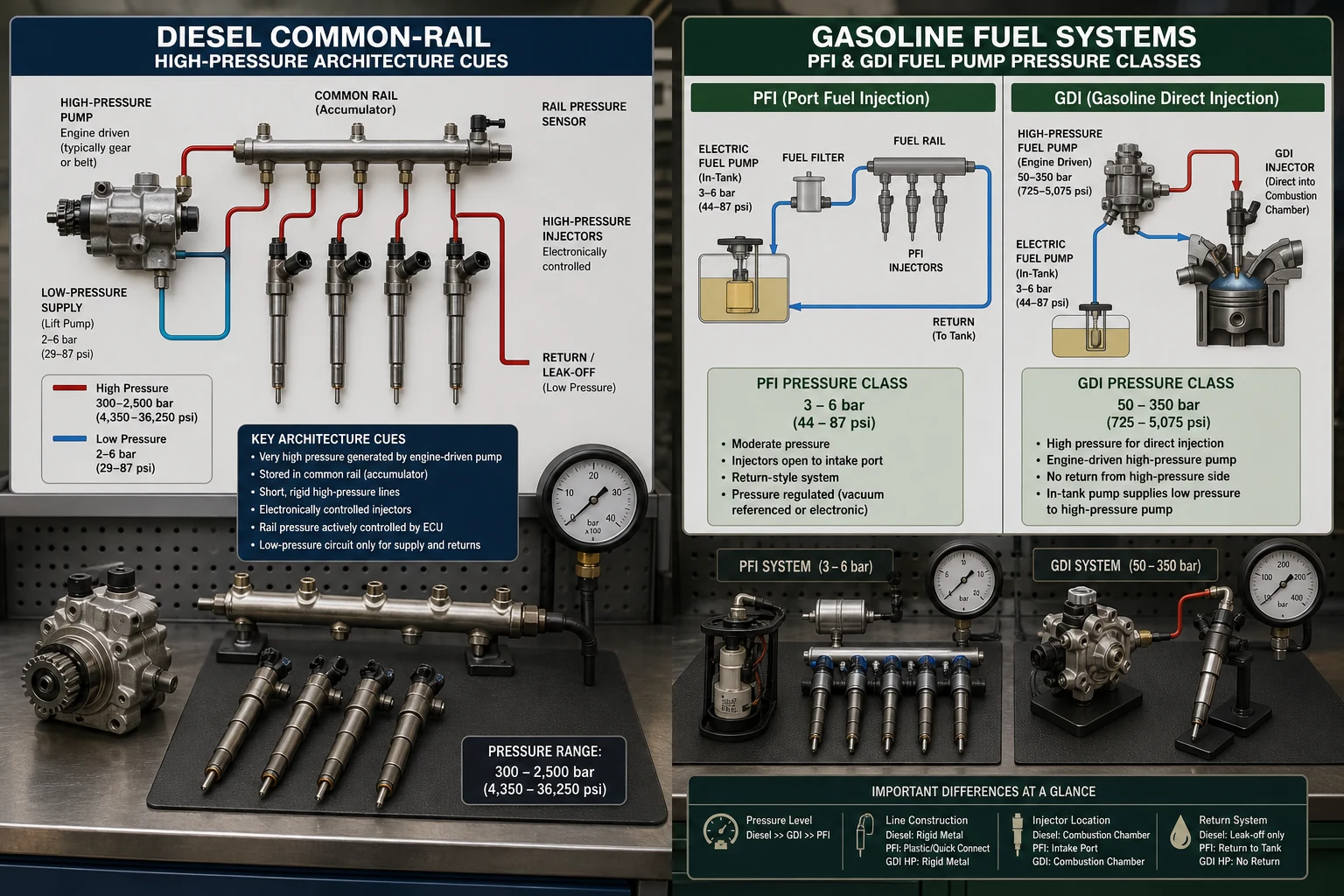 Side-by-side pressure architecture cues for diesel common-rail versus gasoline PFI and GDI fuel pumps