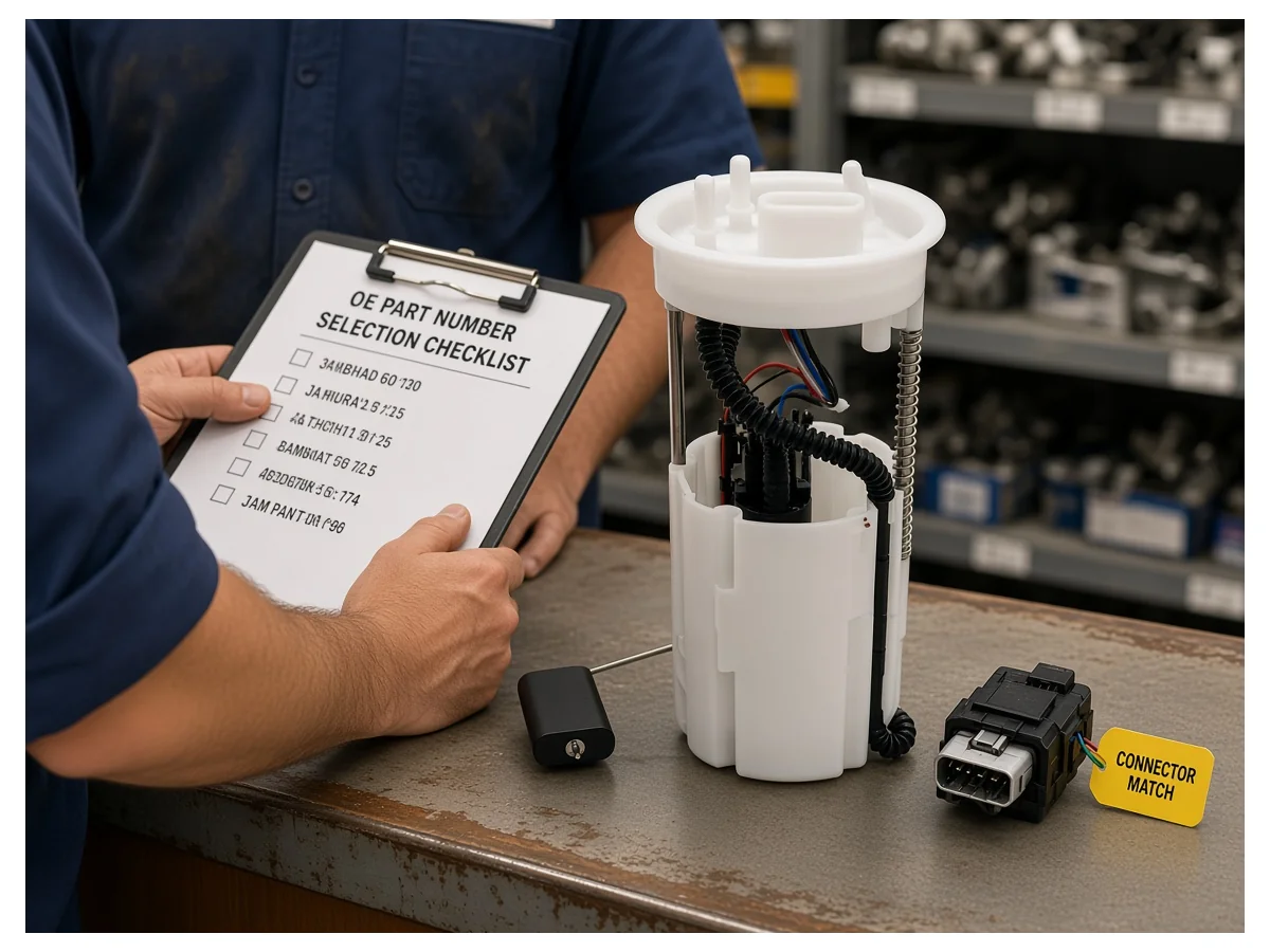 How to Choose an Electric Fuel Pump Assembly Parts-counter OE and connector checklist beside an electric fuel pump assembly